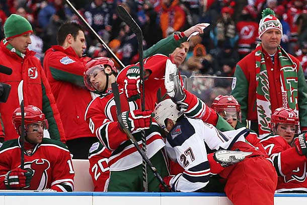 New Jersey Devils vs. New York Rangers in NHL outdoor game at Yankee Stadium.